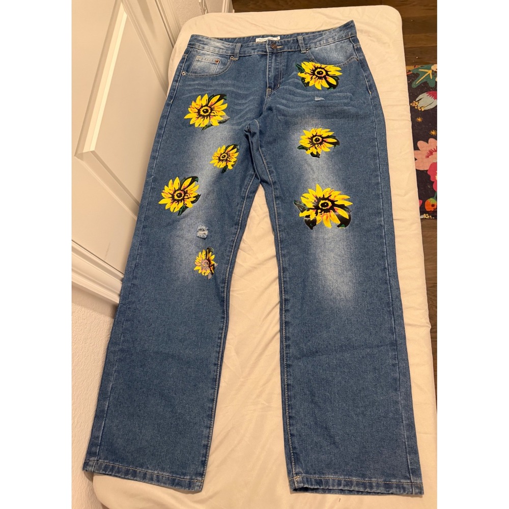 Misslook Sunflower Print High Waisted Straight Leg Jeans Blue Denim Womens L